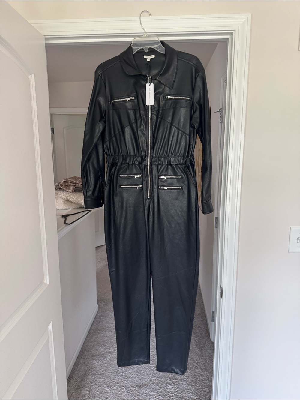 WeWoreWhat Black Faux Leather Zip-Front Jumpsuit Jacket